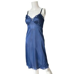 Vintage Blue Satin Slip Dress Nightgown Sleeveless Lave Trim Womens Size 32